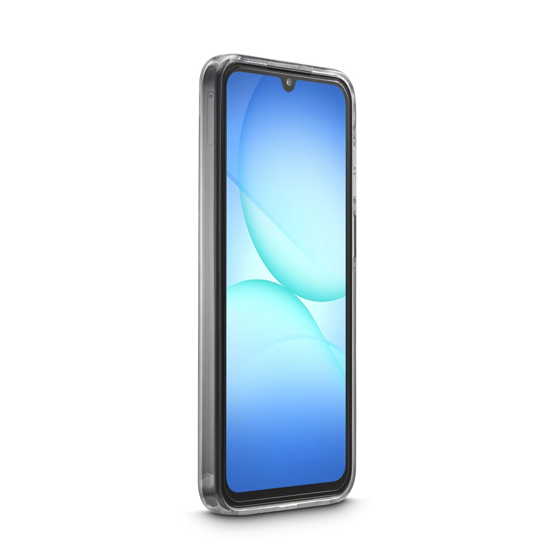 Ein Smartphone in einer durchsichtigen Hülle steht leicht angewinkelt. Der Bildschirm zeigt ein blaues, abstraktes Design. Der Hintergrund ist weiß.