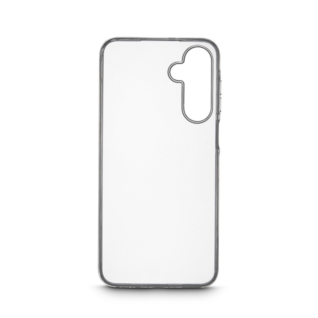 Eine transparente Handyhülle liegt auf einer weißen Oberfläche. Die Hülle hat einen grauen Umriss und einen Kameraausschnitt. Der Hintergrund ist weiß.