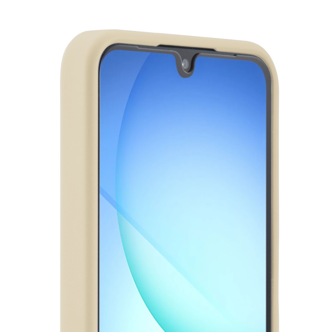 Nahaufnahme eines Smartphones. Der Bildschirm zeigt einen blauen Farbverlauf. Es ist in einem beigefarbenen Gehäuse mit abgerundeten Kanten eingeschlossen. Die Kamera ist sichtbar.