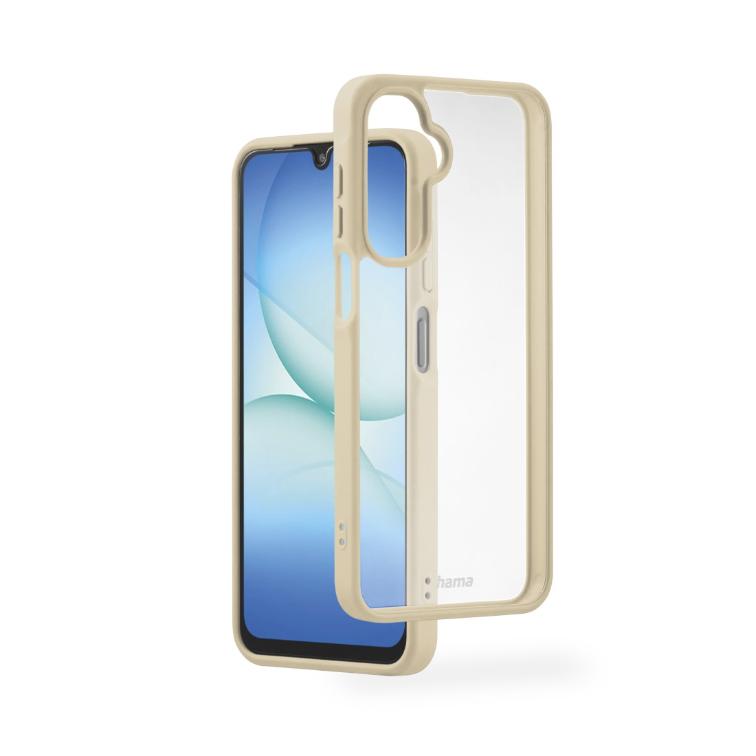 Smartphone mit klarer und beiger Schutzhülle. Der Bildschirm zeigt ein blaues und weißes abstraktes Design.