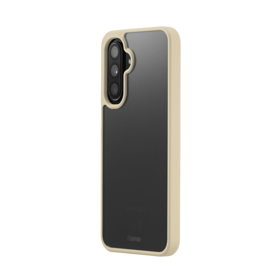 Eine beige-schwarze Handyhülle für ein Samsung-Handy. Die Hülle hat eine durchsichtige Rückseite und einen Kameraausschnitt.