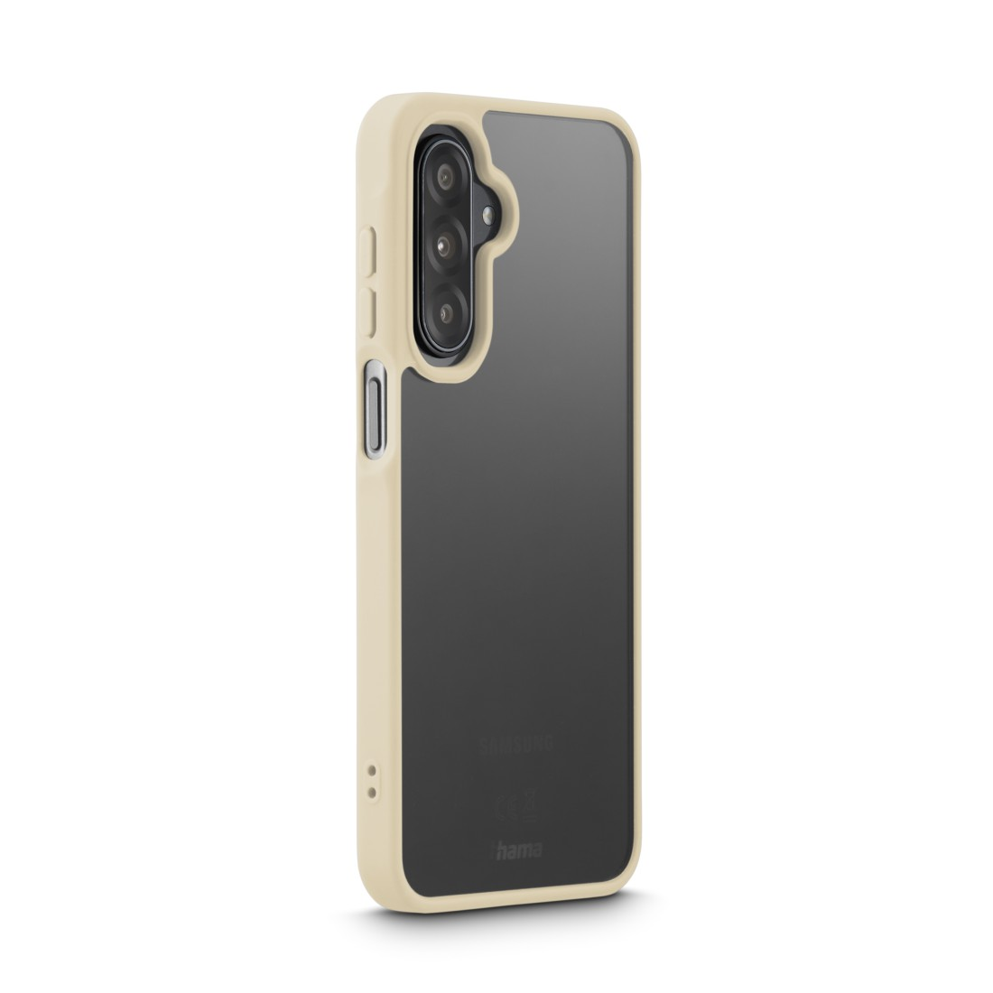 Eine beige umrandete Handyhülle schützt ein Telefon. Die Hülle hat eine klare Rückseite und drei Kameralinsen.