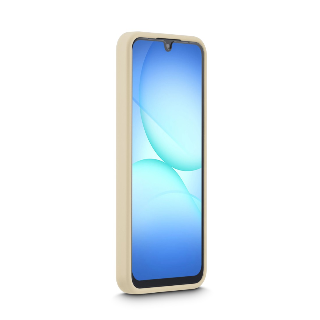 Ein Smartphone mit blauem Bildschirm, der abstrakte Formen zeigt, umhüllt von einer beigefarbenen Schutzhülle, isoliert auf weißem Hintergrund.