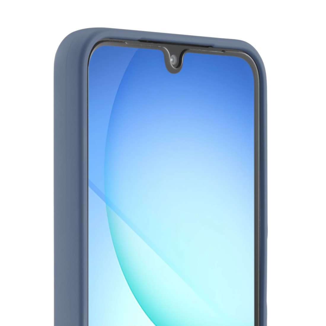 Nahaufnahme eines Smartphone-Bildschirms mit blauem Farbverlauf. Es hat eine blaue Hülle. Der Hintergrund ist weiß.