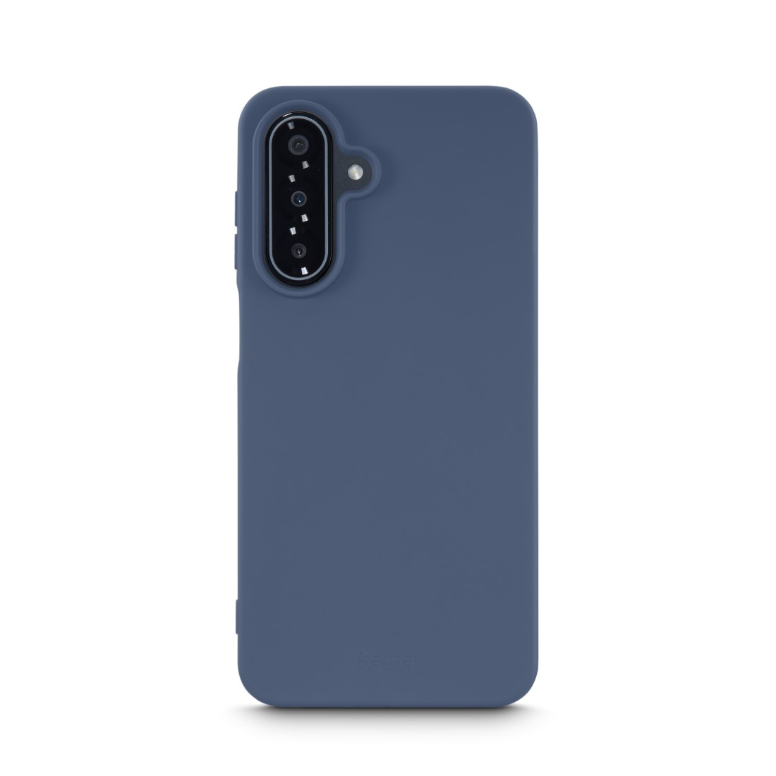 Eine blaue Handyhülle mit Kameramodul wird vor weißem Hintergrund gezeigt. Die Hülle hat eine glatte, matte Oberfläche.