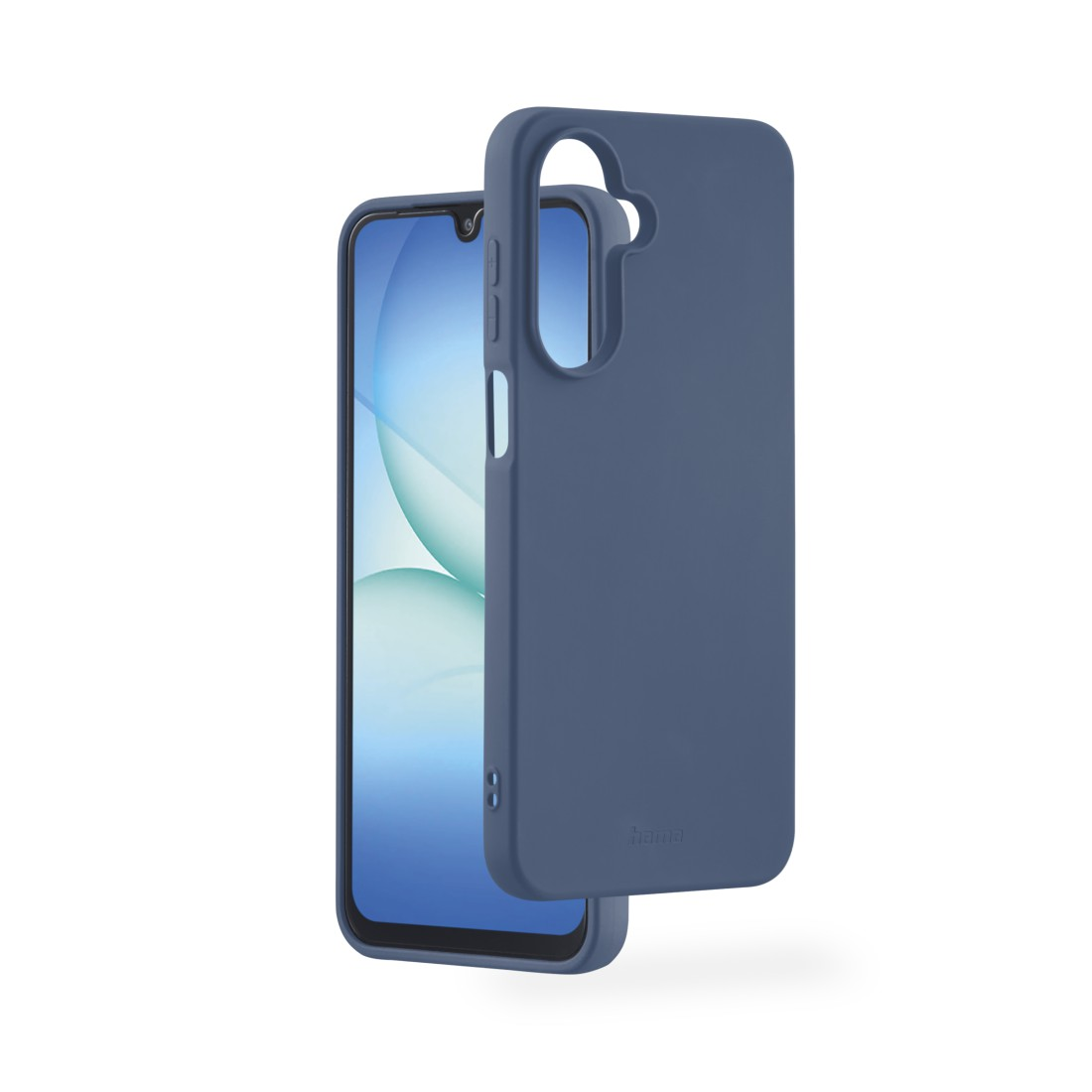 Eine blaue Smartphone-Hülle neben einem Smartphone, beides vor weißem Hintergrund. Die Hülle ist leicht geöffnet und zeigt den Bildschirm.