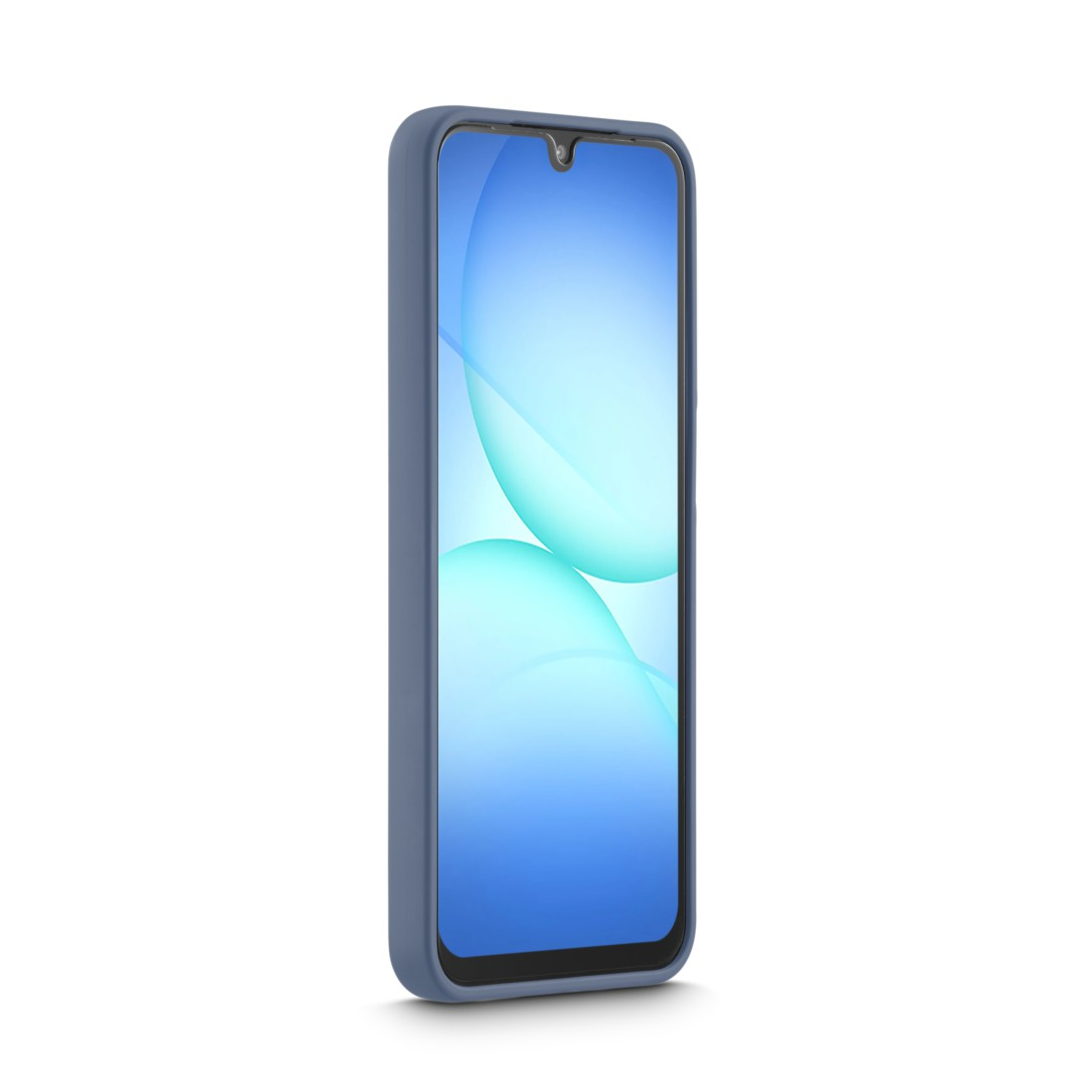 Ein Smartphone mit blauem Gehäuse, Bildschirm mit blauem Farbverlauf und weißen wellenartigen Mustern. Das Telefon steht vor weißem Hintergrund.