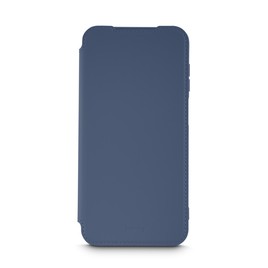 Eine blaue Handyhülle mit dem Logo 'hama' unten. Die Hülle ist geschlossen und hat eine Naht an der Seite.