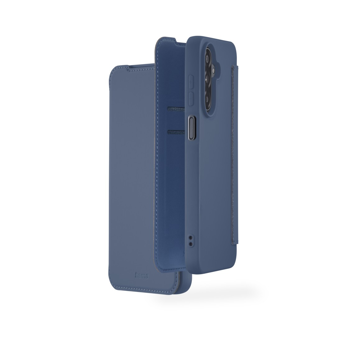 Offene blaue Handyhülle, die das Handy zeigt. Die Hülle hat einen Magnetverschluss. Die Marke Hama ist unten sichtbar.
