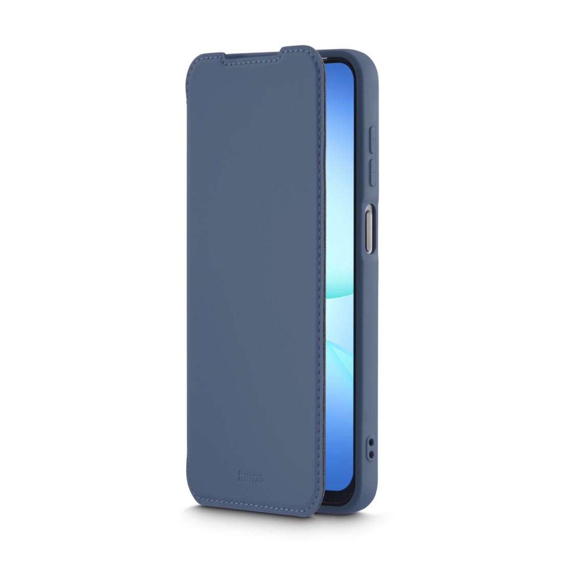 Blaues Handy-Case, teilweise geöffnet, zeigt einen Smartphone-Bildschirm. Das Case ist lederähnlich, mit dem Markennamen 'hama'.