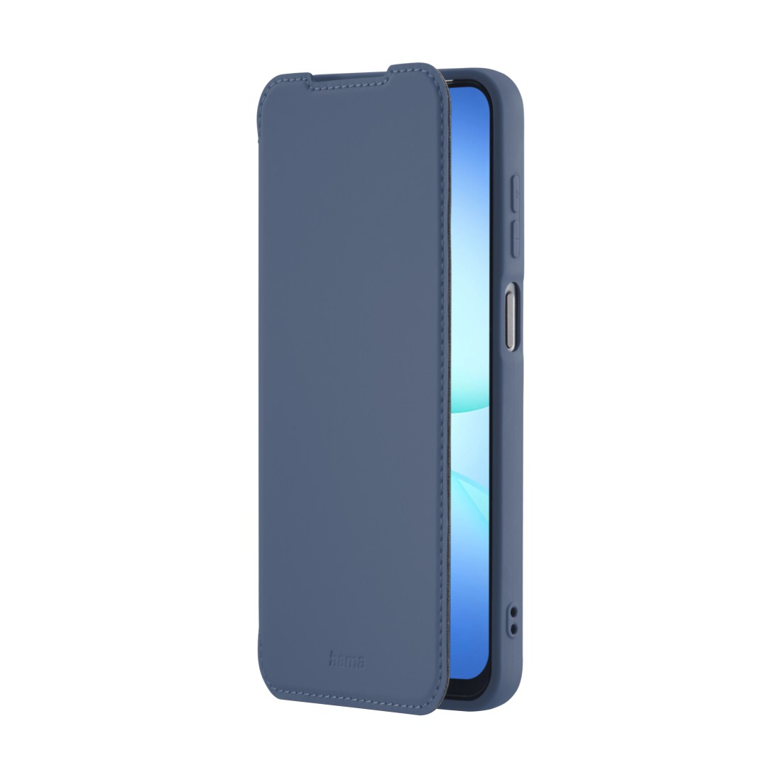 Eine blaue Handyhülle mit geöffneter Klappe, die einen Telefonbildschirm freigibt. Die Hülle besteht aus glattem Material. Der Hintergrund ist weiß.