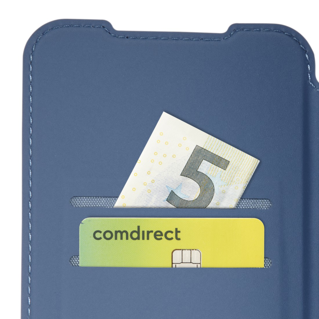 Blaue Handyhülle mit einem 5-Euro-Schein und einer comdirect Bankkarte.