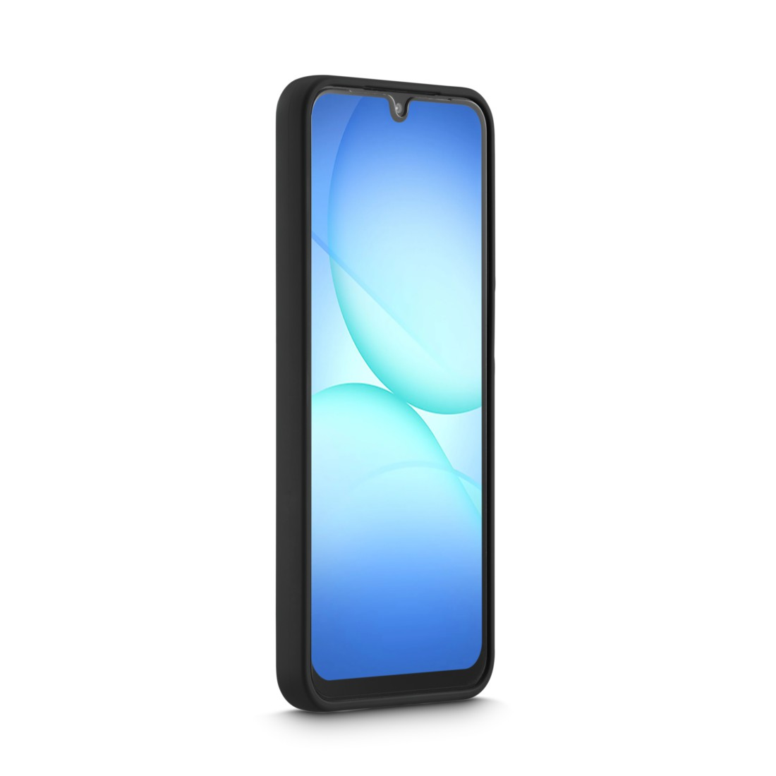 Ein Smartphone mit blauem Bildschirm und schwarzem Rahmen wird auf weißem Hintergrund gezeigt. Der Bildschirm hat eine Wassertropfen-Notch.