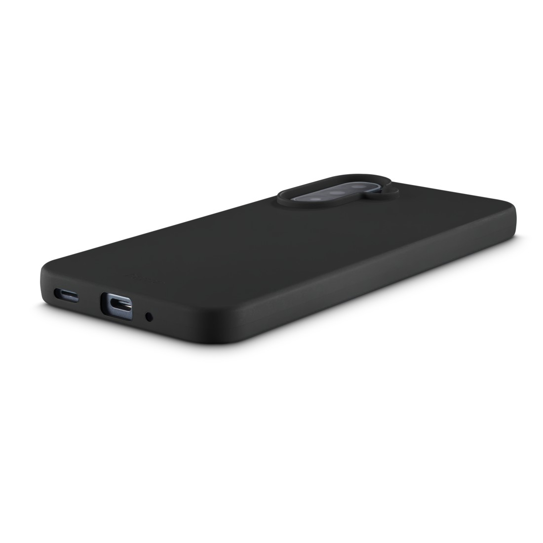 Eine schwarze Smartphone-Hülle liegt auf einer weißen Oberfläche. Die Hülle hat Aussparungen für Kamera und Anschlüsse.