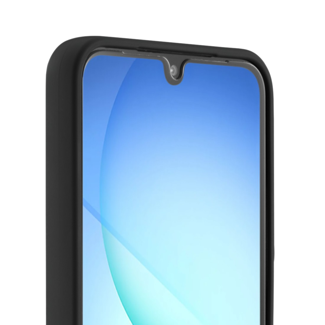 Ein Smartphone in einer schwarzen Hülle wird gezeigt. Der Bildschirm zeigt einen Farbverlauf von Blau und Weiß. Oben befindet sich eine Kamera.