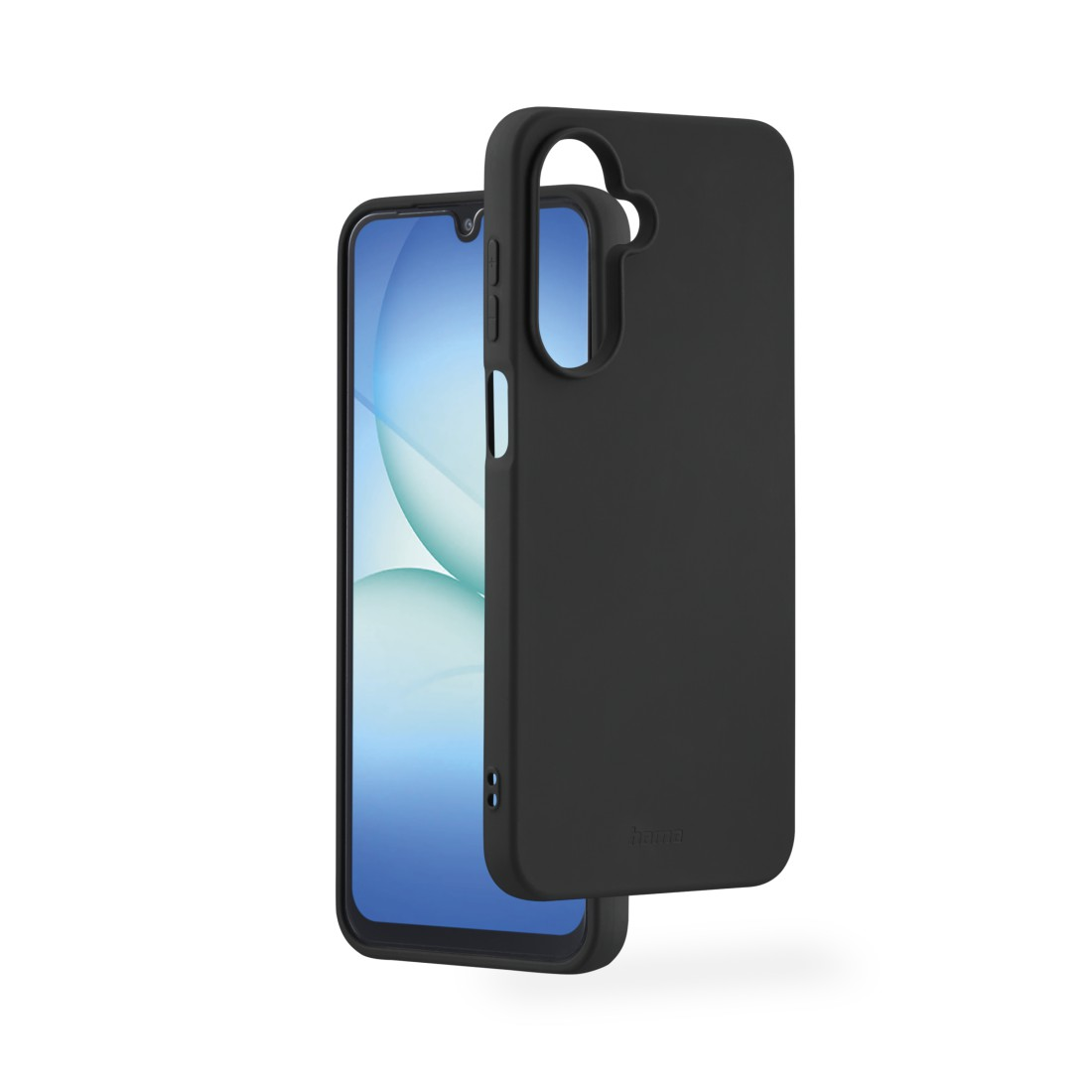 Eine schwarze Handyhülle liegt neben einem Smartphone mit blau-weißem Bildschirm. Der Hintergrund ist weiß.
