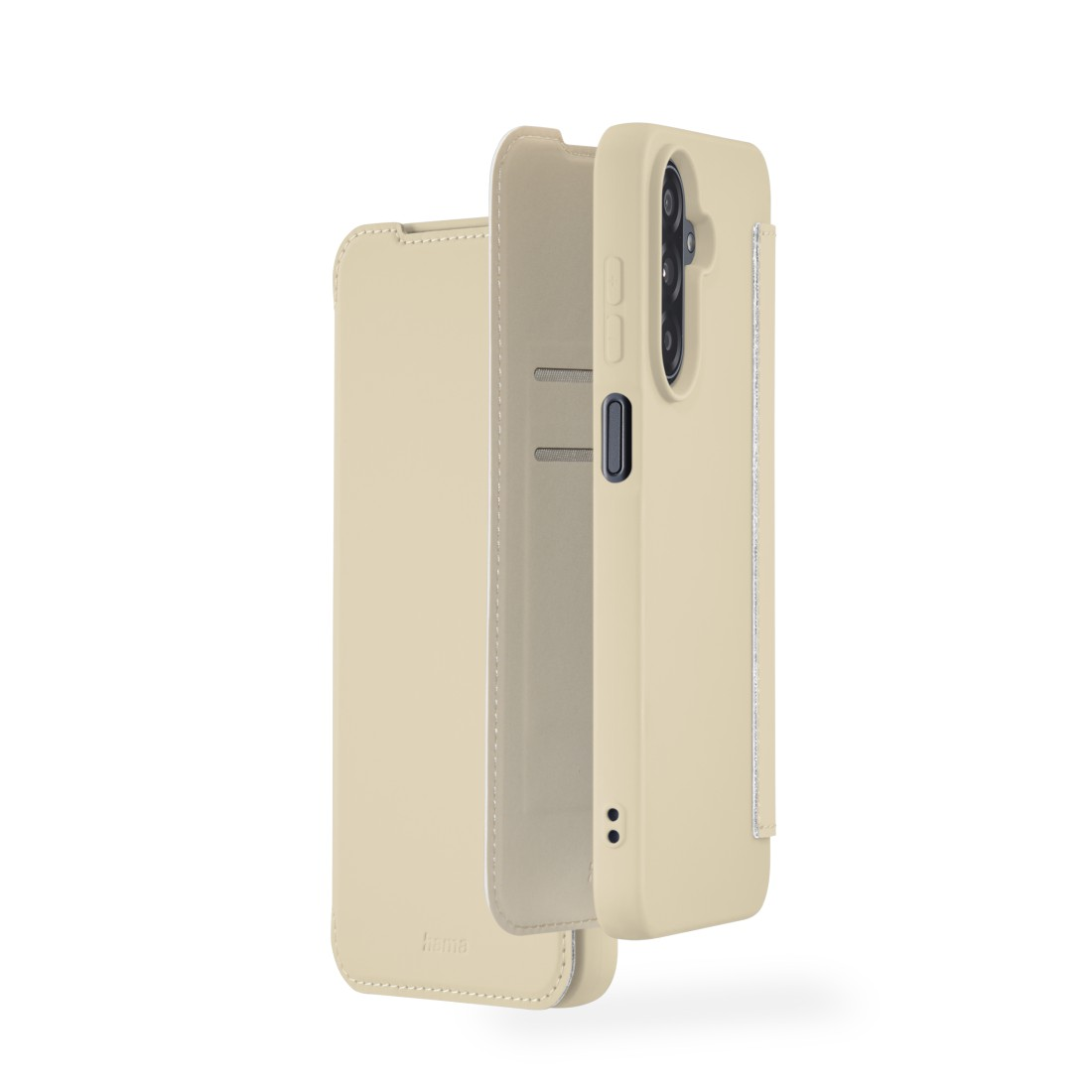 Beige Handyhülle offen, Innenseite sichtbar. Die Hülle ist für ein Smartphone.