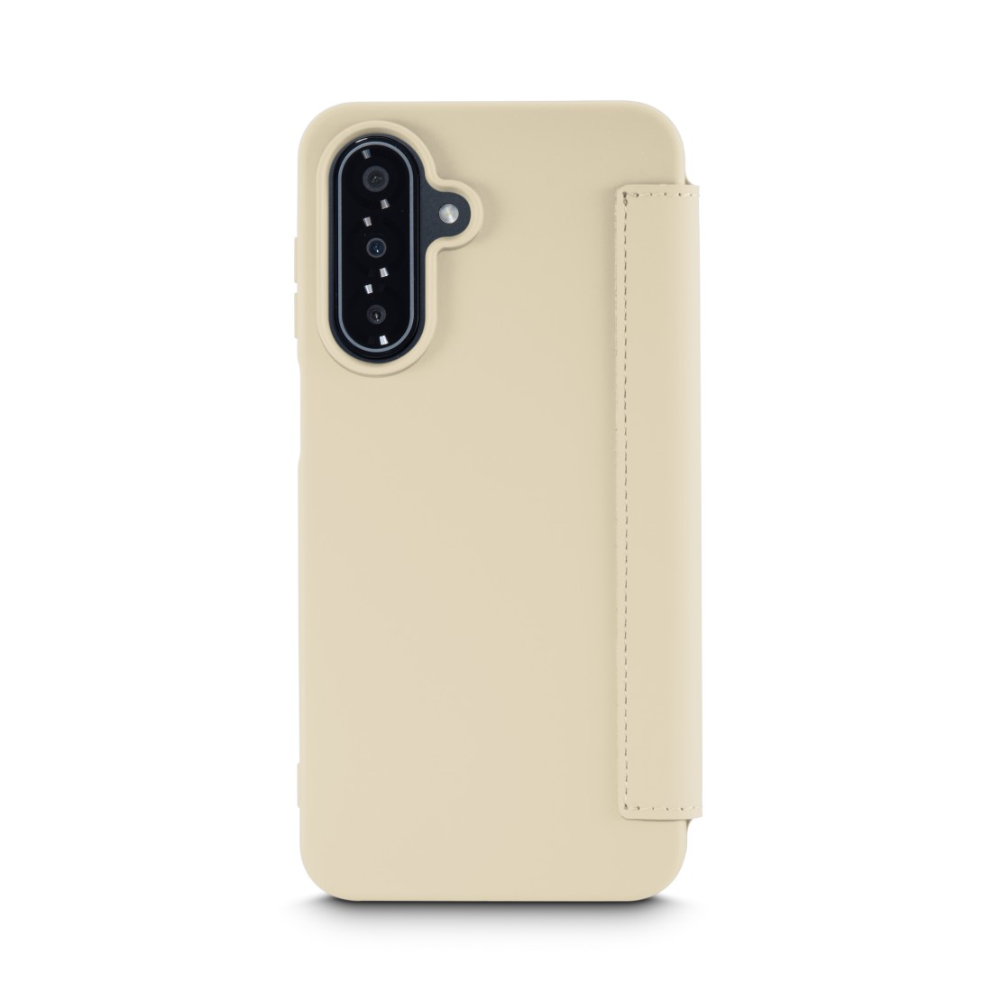 Eine beige Handyhülle mit Kameraausschnitt. Die Hülle hat eine Klappe auf der rechten Seite. Der Hintergrund ist weiß.