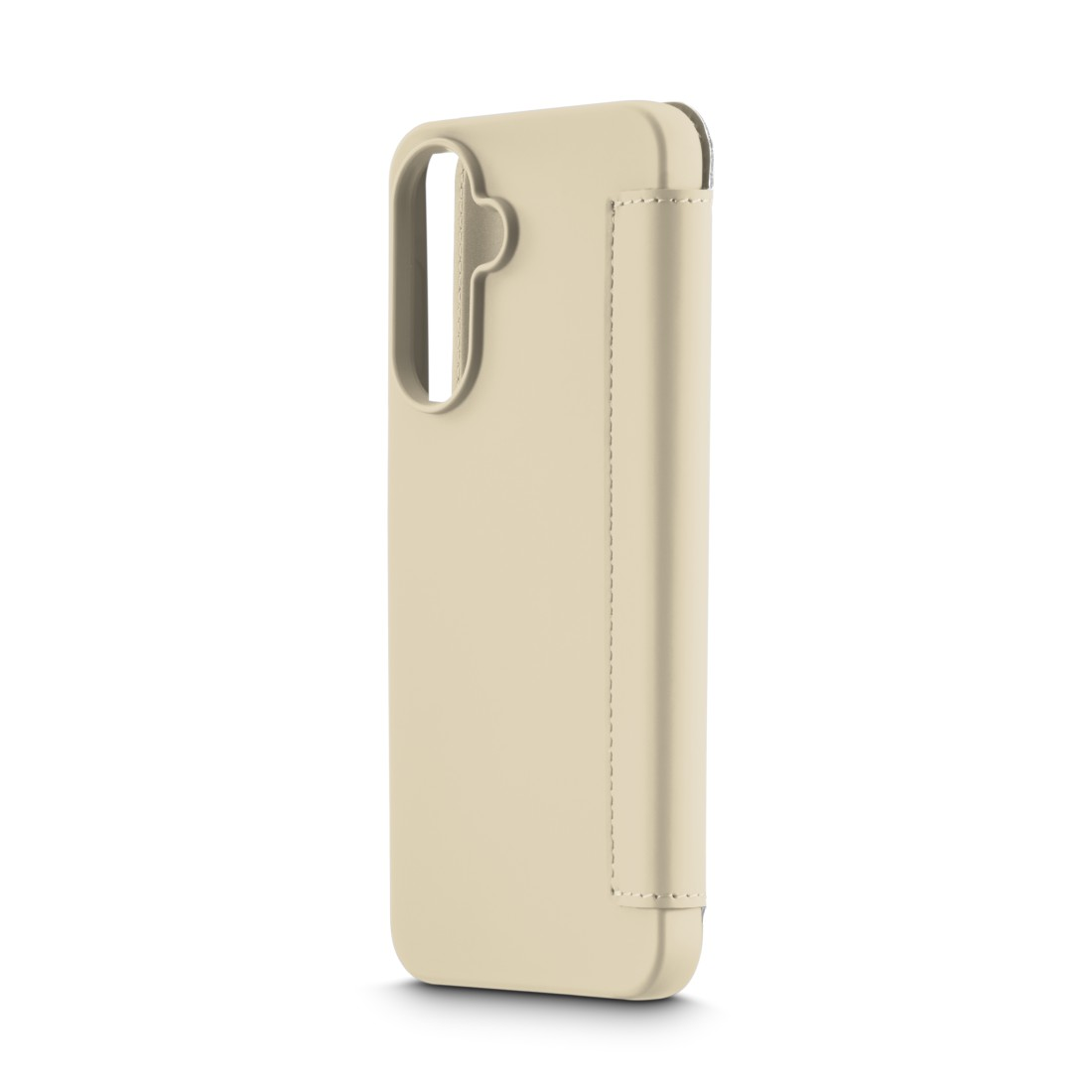 Eine beige Handyhülle steht aufrecht vor einem weißen Hintergrund. Die Hülle hat eine Öffnung für die Kamera und eine Klappe an der Seite.