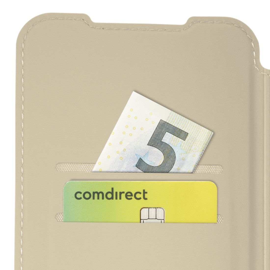 Eine beige Handyhülle mit einem 5-Euro-Schein und einer comdirect-Karte in den Schlitzen.