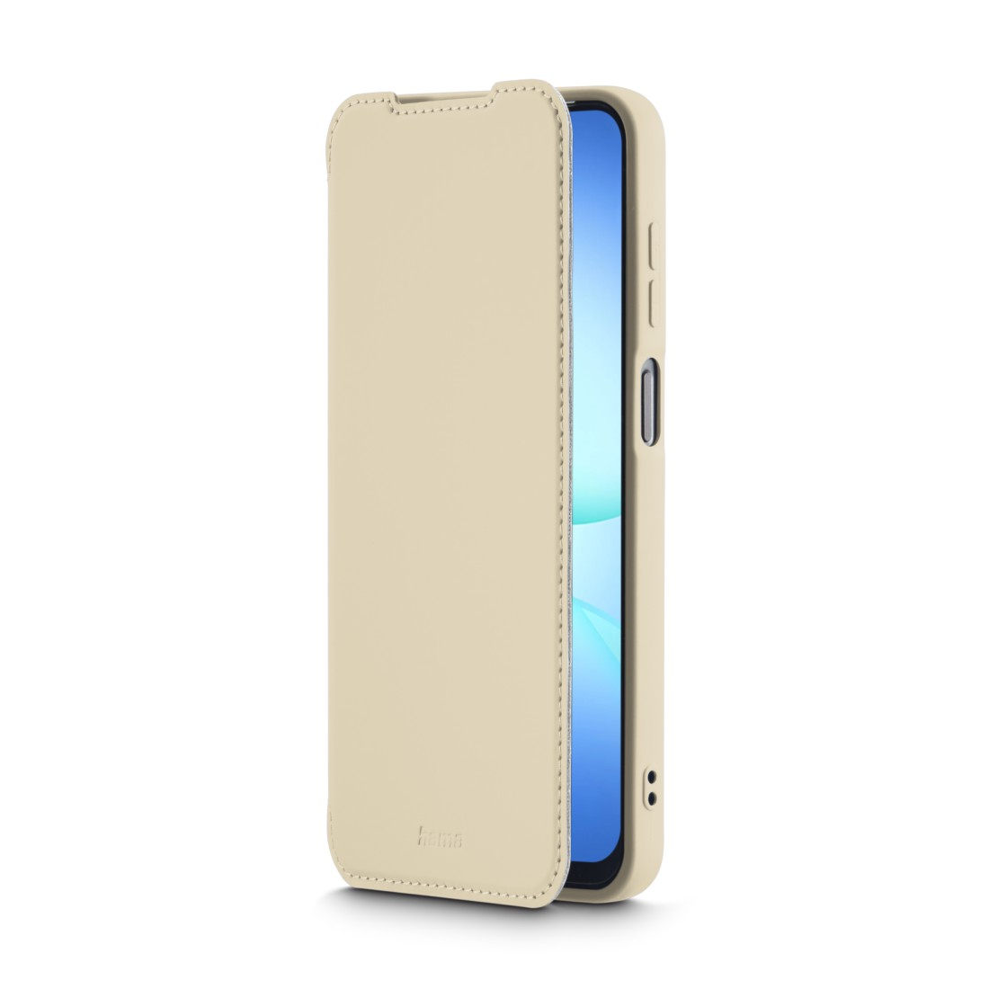 Beige Handyhülle, geöffnet, um einen blauen Bildschirm zu zeigen. Das Etui ist lederartig und hat das Logo 'hama'. Weißer Hintergrund.