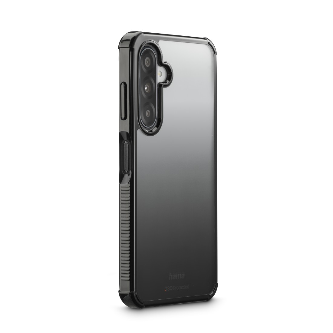 Eine schwarz-transparente Handyhülle für ein Smartphone. Die Hülle hat einen Kameraausschnitt und der Markenname 'hama' ist sichtbar.