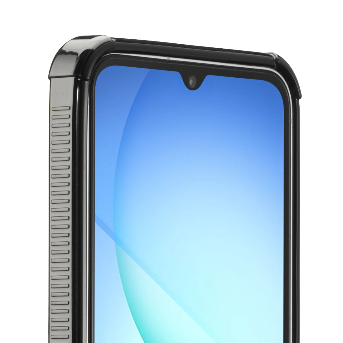 Nahaufnahme eines Smartphones. Es hat einen schwarzen Rahmen mit einem blauen Farbverlauf. Oben befindet sich eine Kamera.