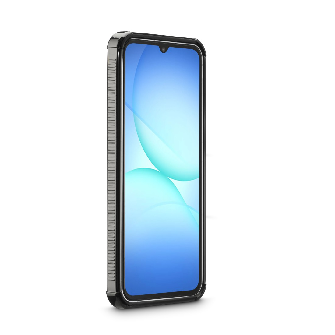 Ein Smartphone mit blauem Bildschirm und schwarzem Gehäuse wird vor weißem Hintergrund angezeigt. Das Telefon hat eine tropfenförmige Kerbe.