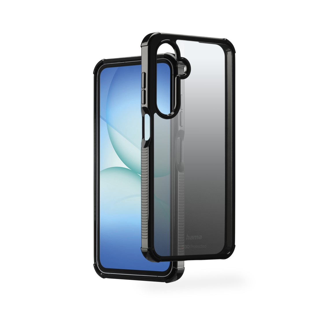Ein Telefon mit einer transparenten Hülle. Das Telefon ist schwarz. Die Hülle ist transparent mit schwarzem Rand. Der Bildschirm zeigt ein blaues und weißes Muster.