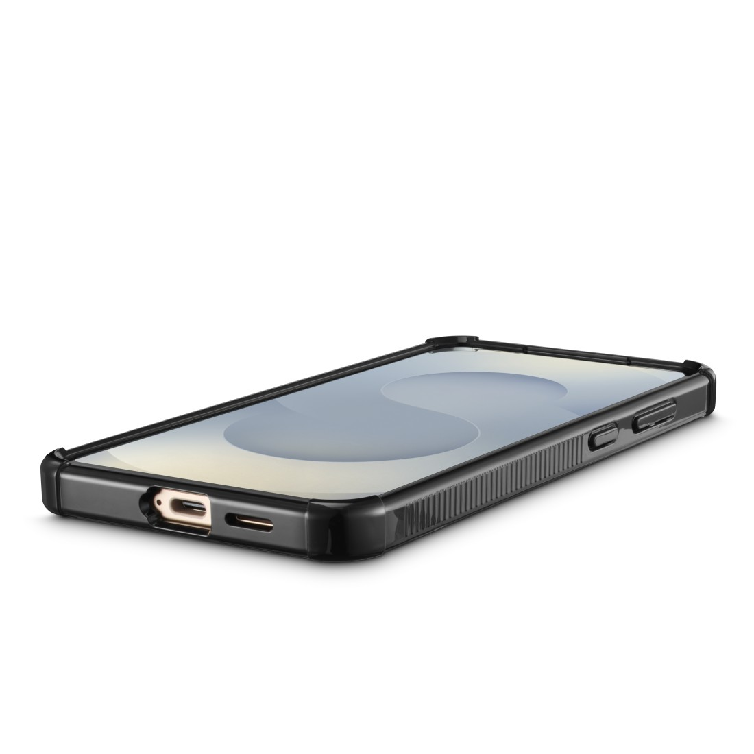 Ein schwarzes Smartphone in einer Hülle liegt diagonal. Der Bildschirm zeigt ein unscharfes Bild. Die Hülle hat strukturierte Seiten und einen Schutzrahmen.