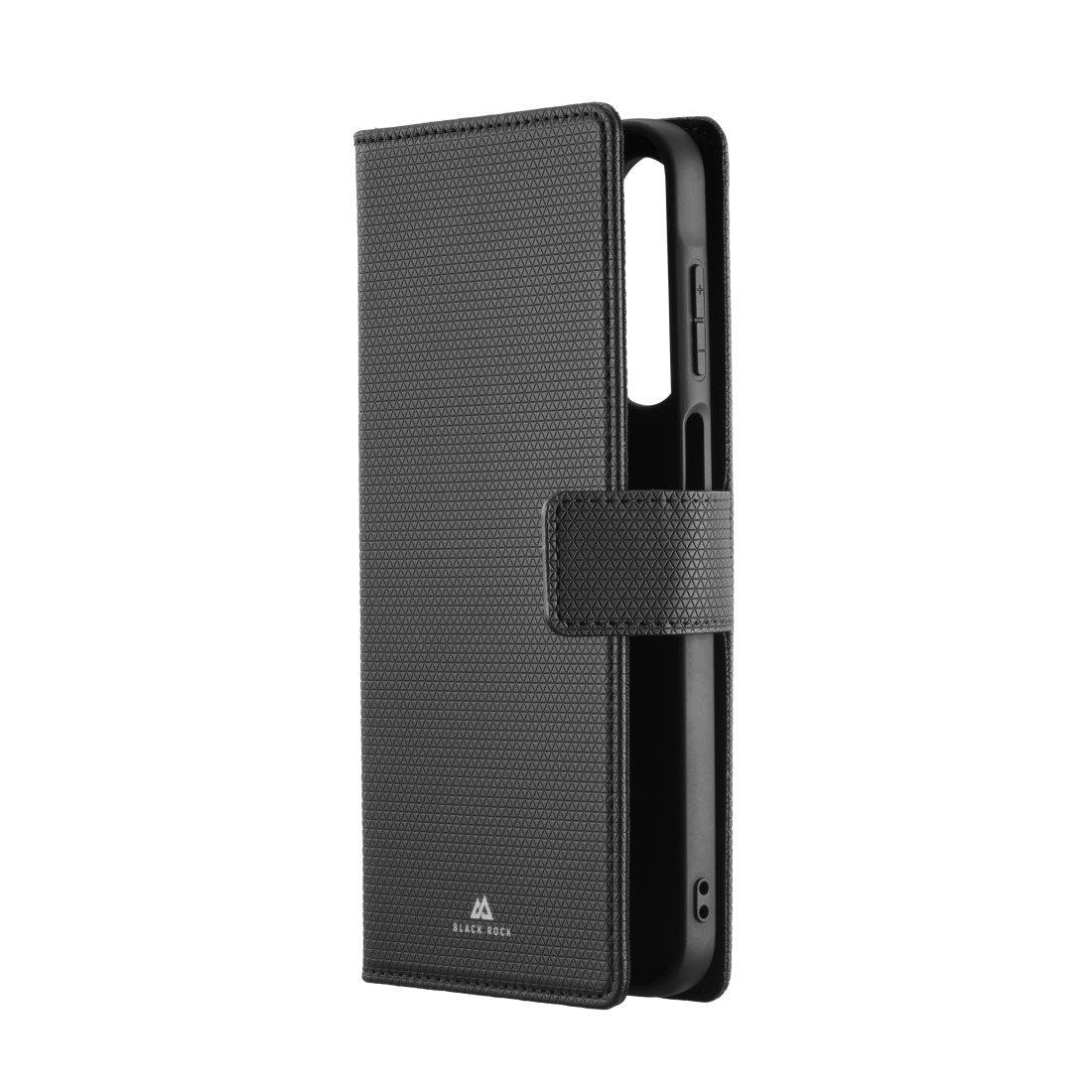 Eine schwarze Handyhülle mit strukturierter Oberfläche. Sie ist geöffnet und zeigt den Rahmen des Telefons. Die Hülle hat einen Magnetverschluss und ein Logo.