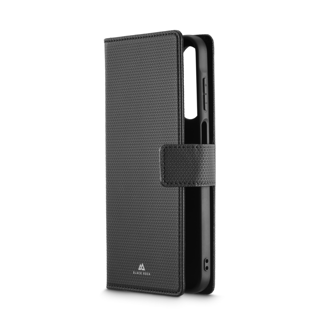 Eine schwarze Handyhülle, geöffnet, mit einem Handy. Die Hülle hat eine strukturierte Oberfläche und einen Magnetverschluss. Weißer Hintergrund.