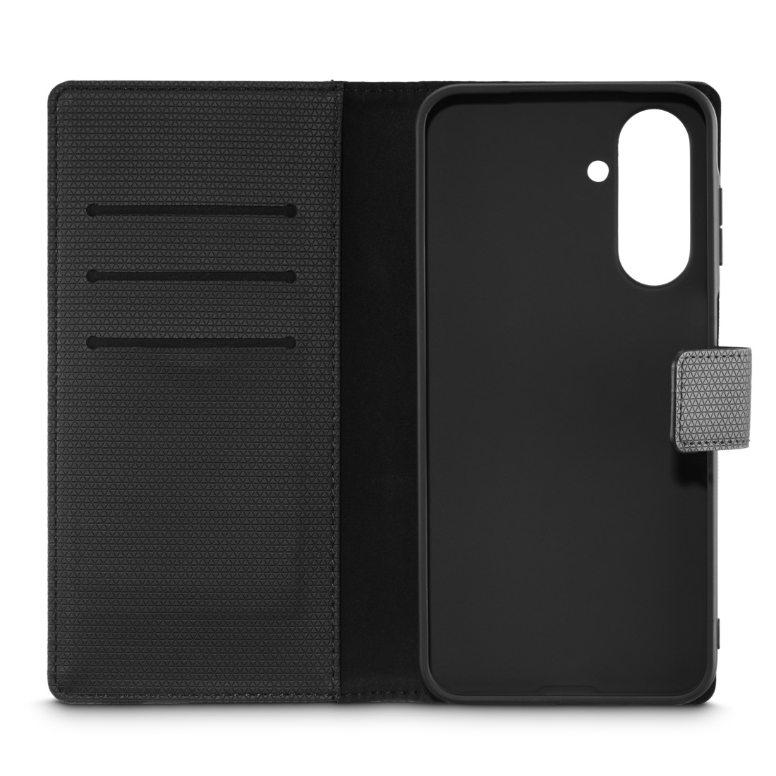 Geöffnete schwarze Handyhülle mit Schlitzen und Handyhalter. Die Hülle besteht aus strukturiertem Material mit Magnetverschluss.
