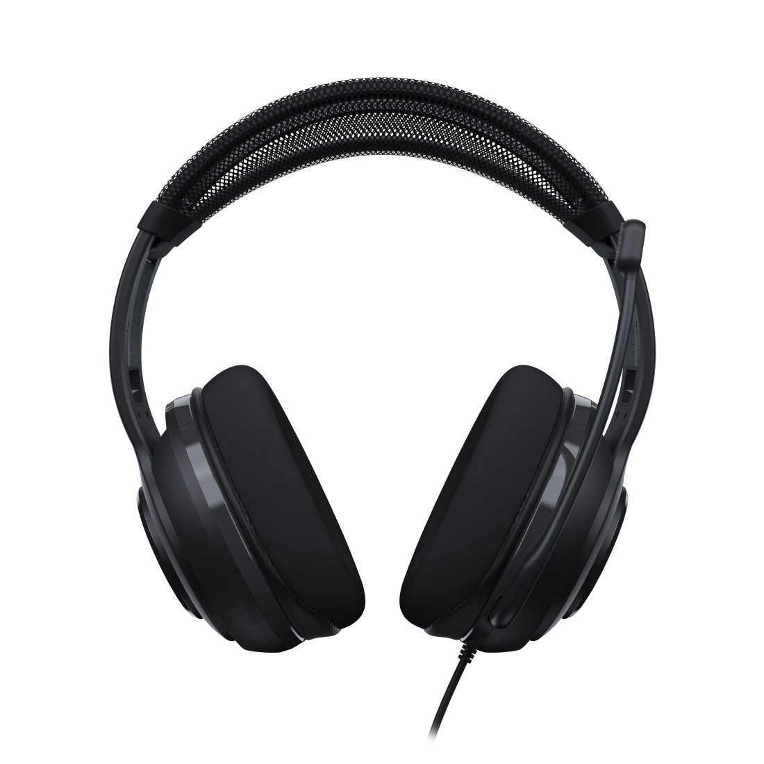 Schwarze Over-Ear-Kopfhörer. Mesh-Stirnband und gepolsterte Ohrmuscheln. Ein schwarzes Kabel geht von der rechten Ohrmuschel aus.