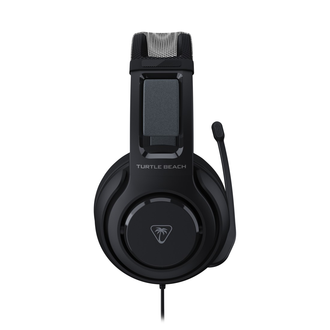Schwarzes Turtle Beach Gaming-Headset mit Mikrofon. Das Headset ist vor weißem Hintergrund zentriert.