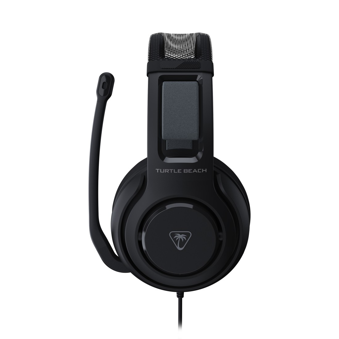 Schwarzes Turtle Beach Gaming-Headset mit Mikrofon. Das Headset befindet sich auf weißem Hintergrund. Der Markenname ist sichtbar.