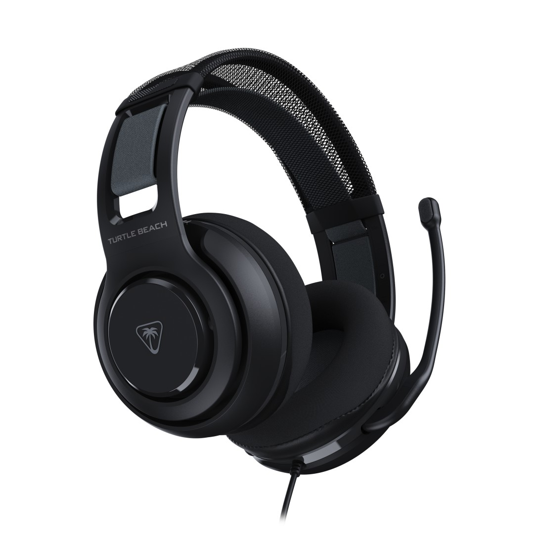 Schwarzes Turtle Beach Gaming-Headset. Es hat Ohrmuscheln, ein Stirnband und ein Mikrofon. Der Hintergrund ist weiß.