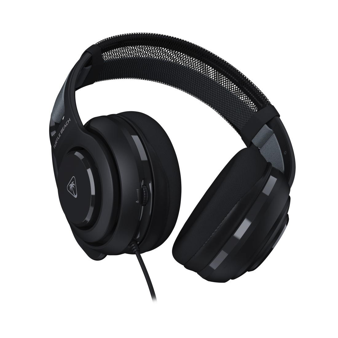 Schwarzes Turtle Beach Gaming-Headset auf Weiß. Merkmale sind Ohrmuscheln, ein verstellbarer Kopfbügel und ein Verbindungskabel. Das Headset ist geneigt.