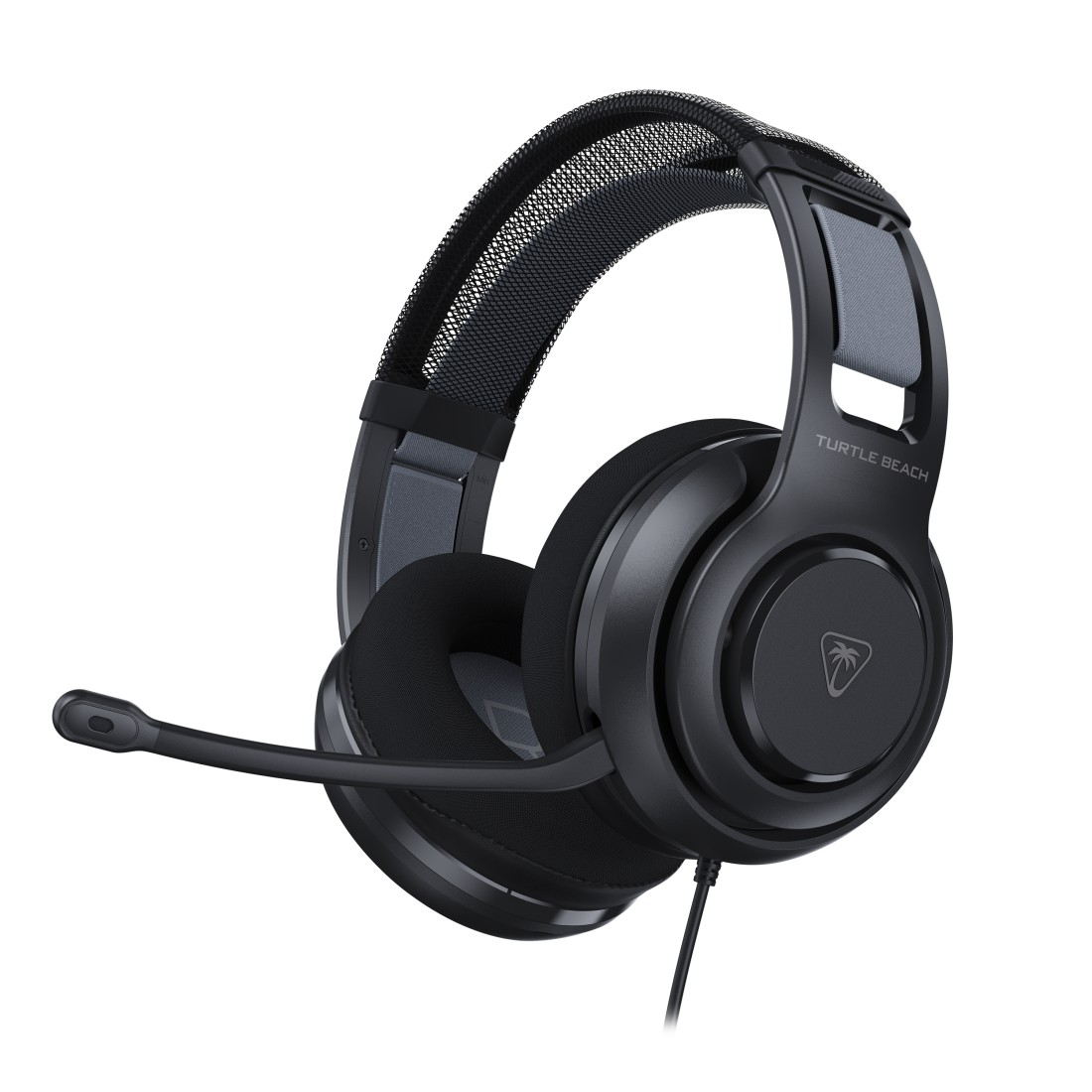 Schwarzes Turtle Beach Gaming-Headset. Es hat ein Mikrofon, Ohrmuscheln und ein Kopfband. Der Hintergrund ist weiß.