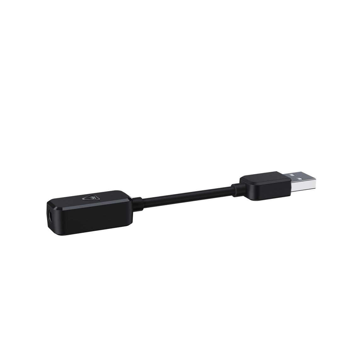 Ein schwarzer USB-Adapter. Ein Ende ist ein USB-Anschluss, das andere eine kleine schwarze Box mit Logo. Der Hintergrund ist weiß.