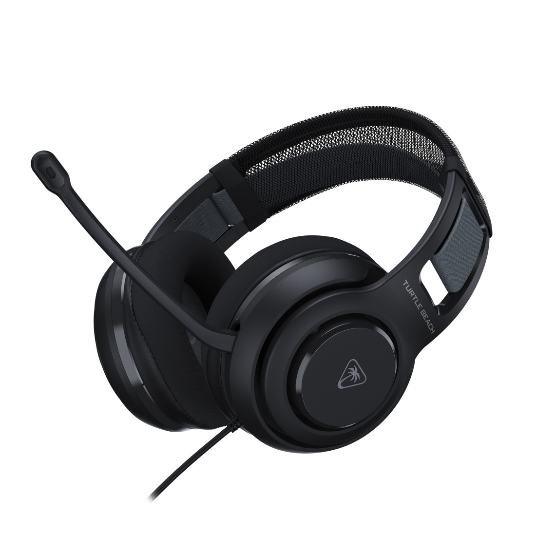Schwarzes Turtle Beach Gaming-Headset mit Mikrofon. Merkmale sind gepolsterte Ohrmuscheln, ein Kopfband und ein Kabel.
