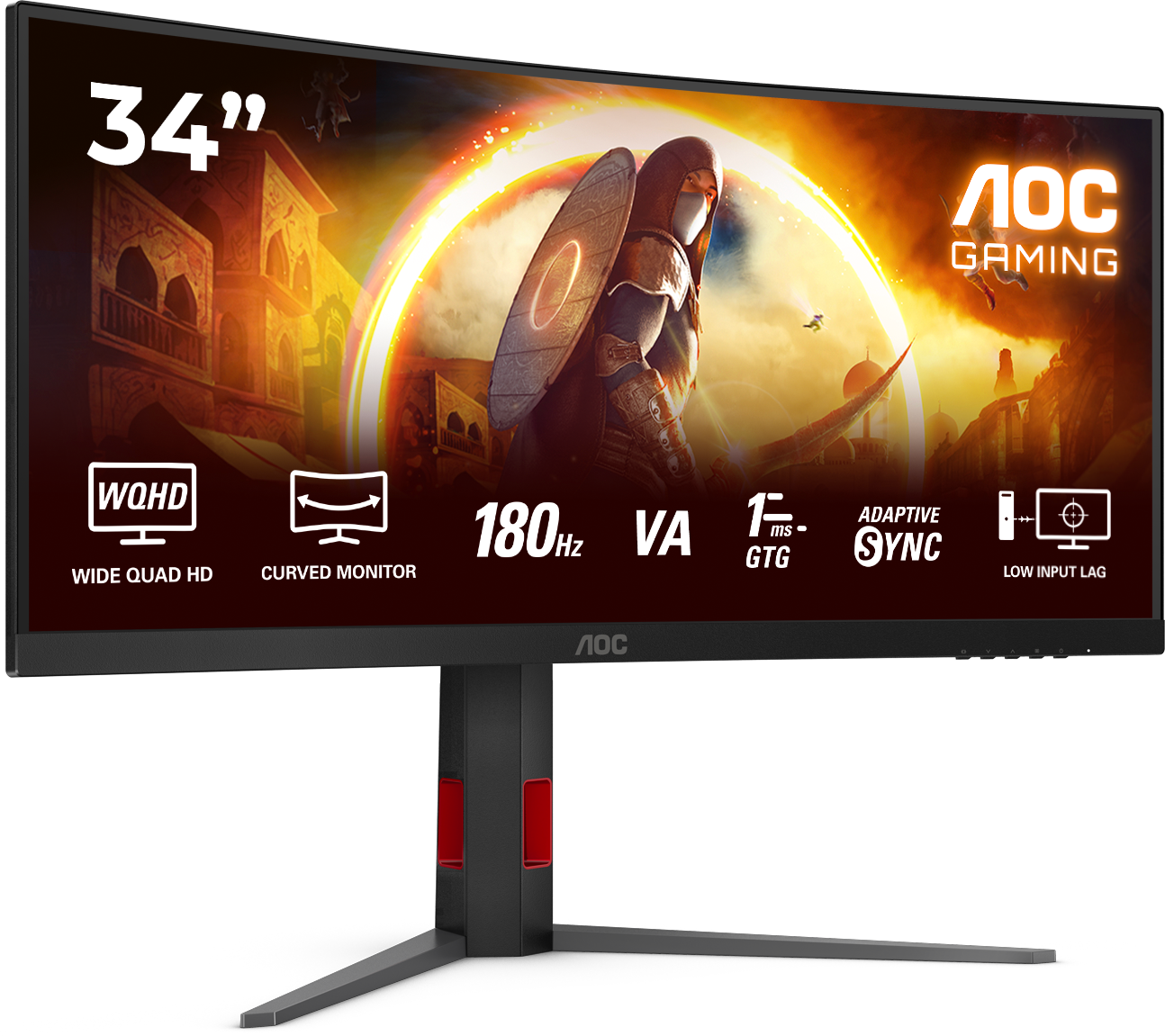 Un monitor da gioco AOC curvo. Il display mostra una scena di guerriero con uno scudo. Include 180Hz, WQHD e Adaptive Sync.