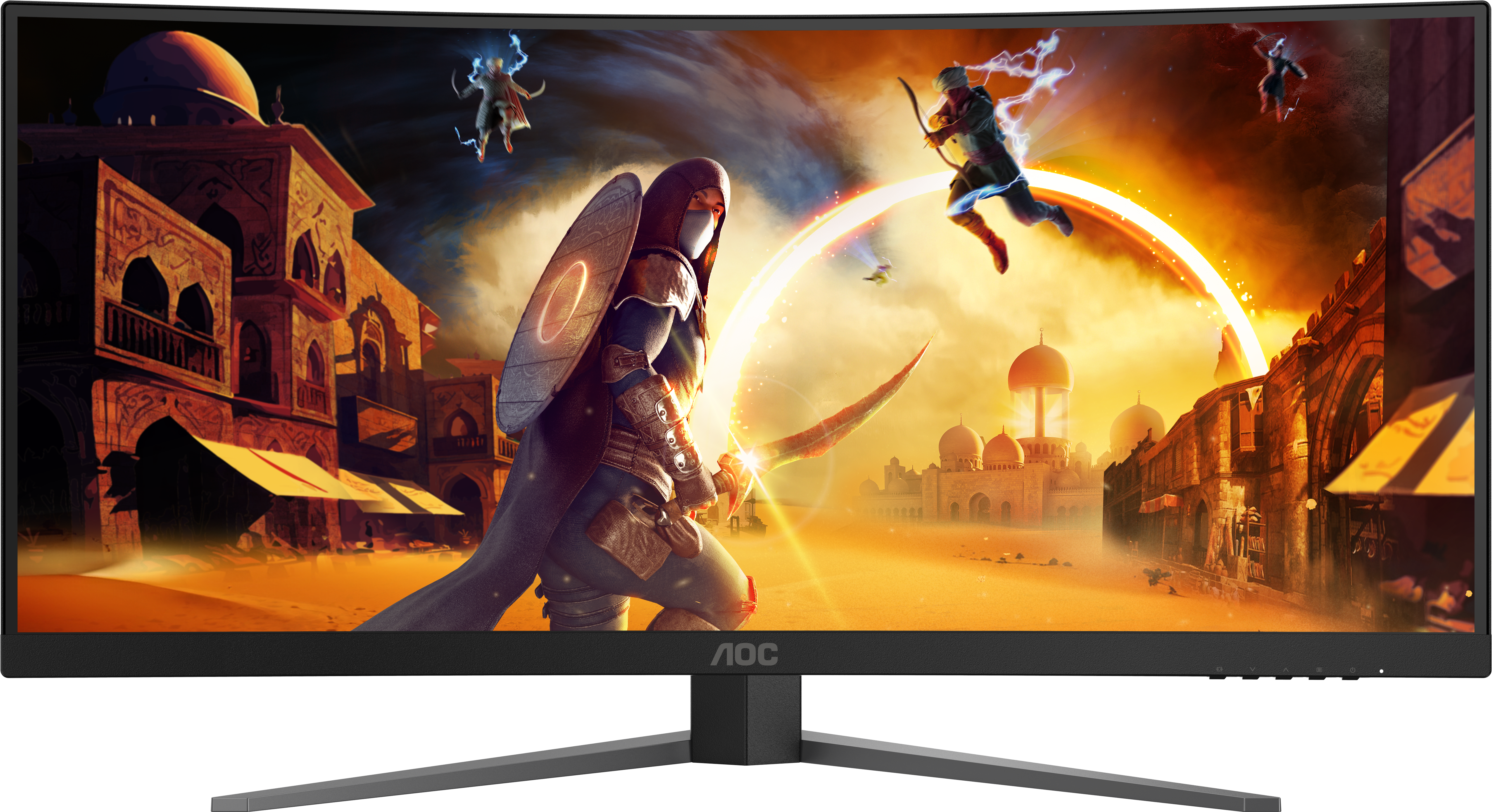 Monitor AOC che mostra una scena fantasy con un guerriero con una lama ricurva, edifici e figure con effetti energetici.