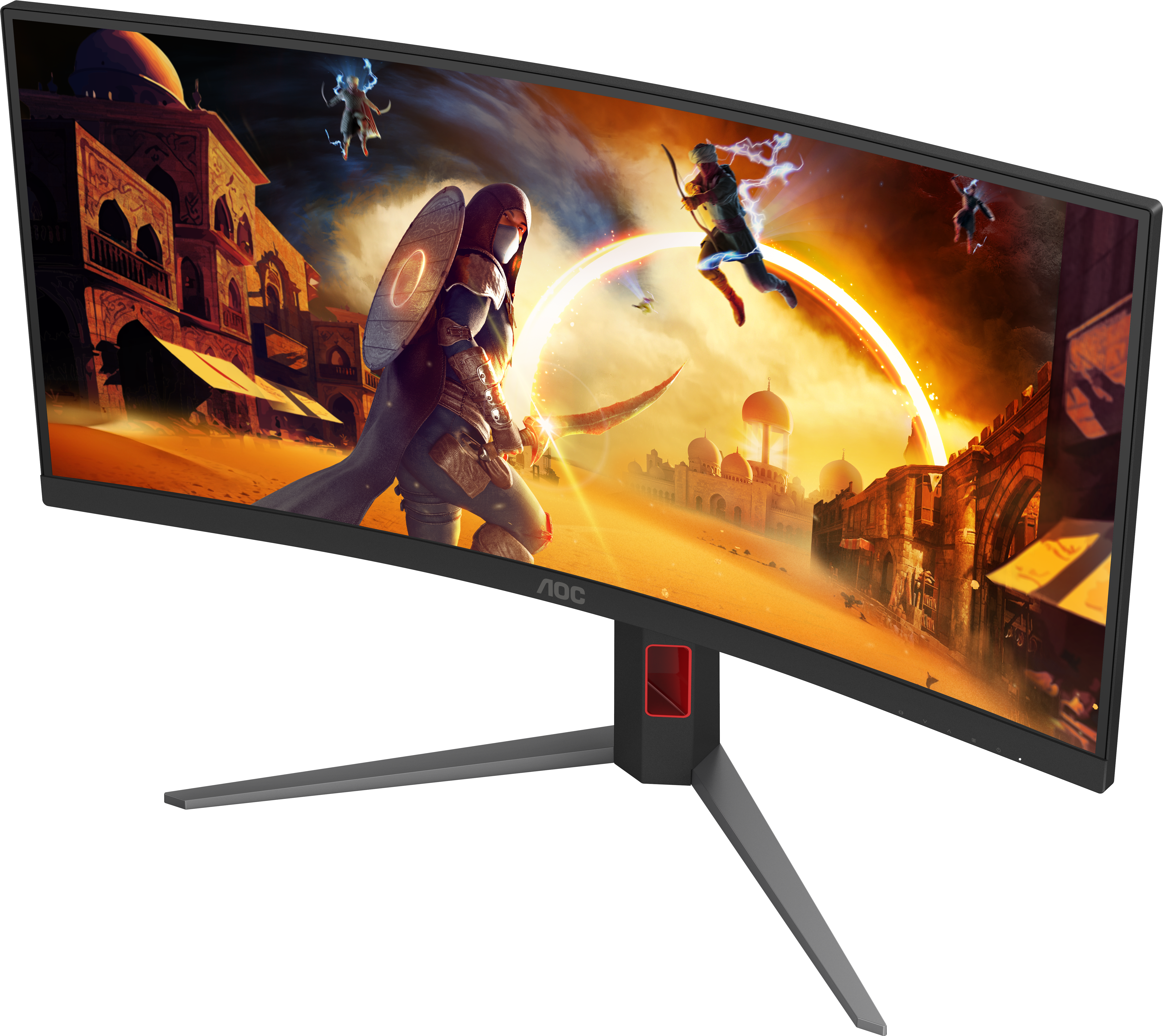 Il monitor curvo mostra una scena fantasy desertica con personaggi in azione. Il monitor è tenuto da un supporto nero e grigio. Il logo AOC è presente.
