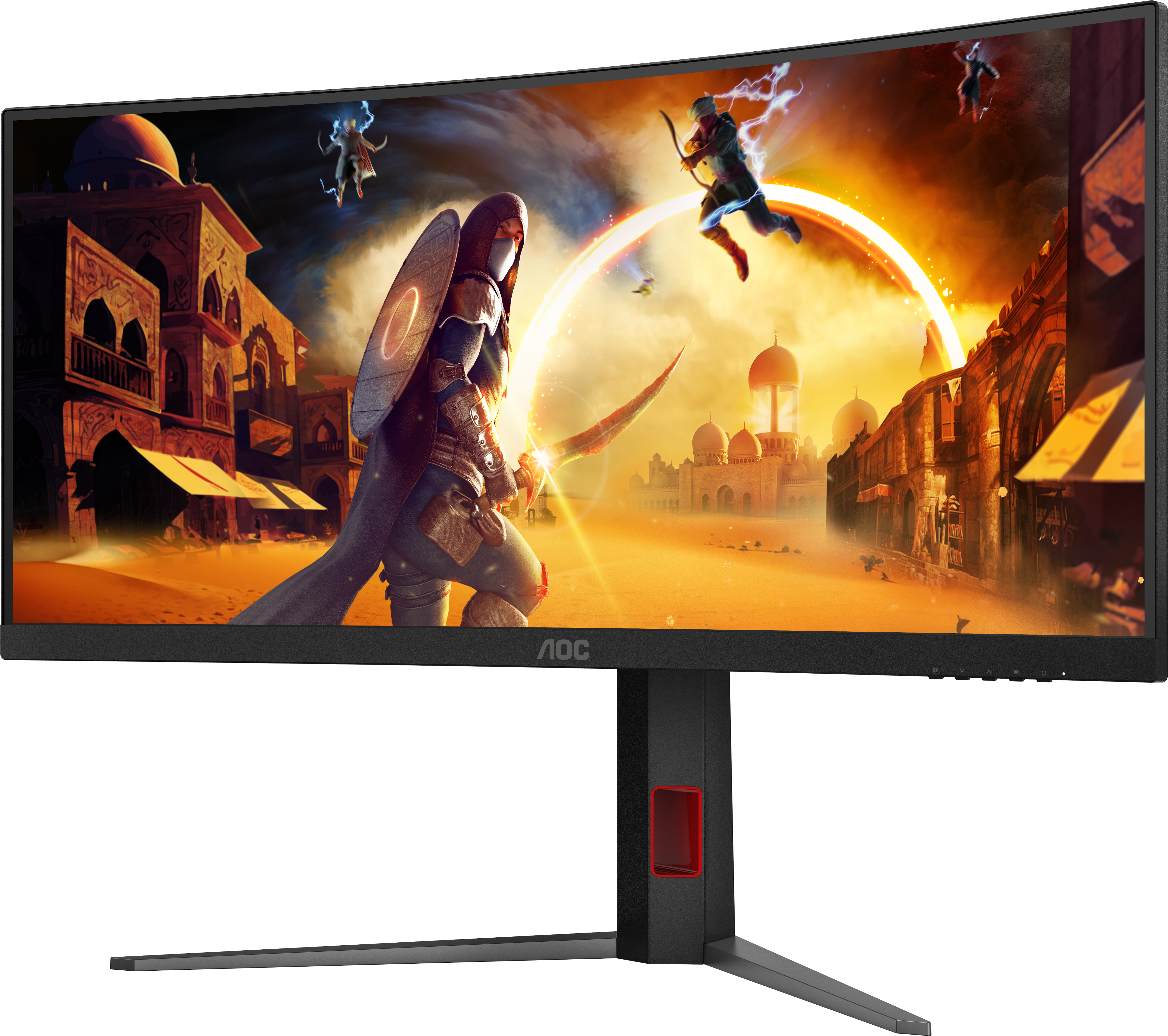 Il monitor AOC mostra una scena fantasy con guerrieri, edifici e un portale luminoso. Il monitor ha un supporto nero con un accento rosso.