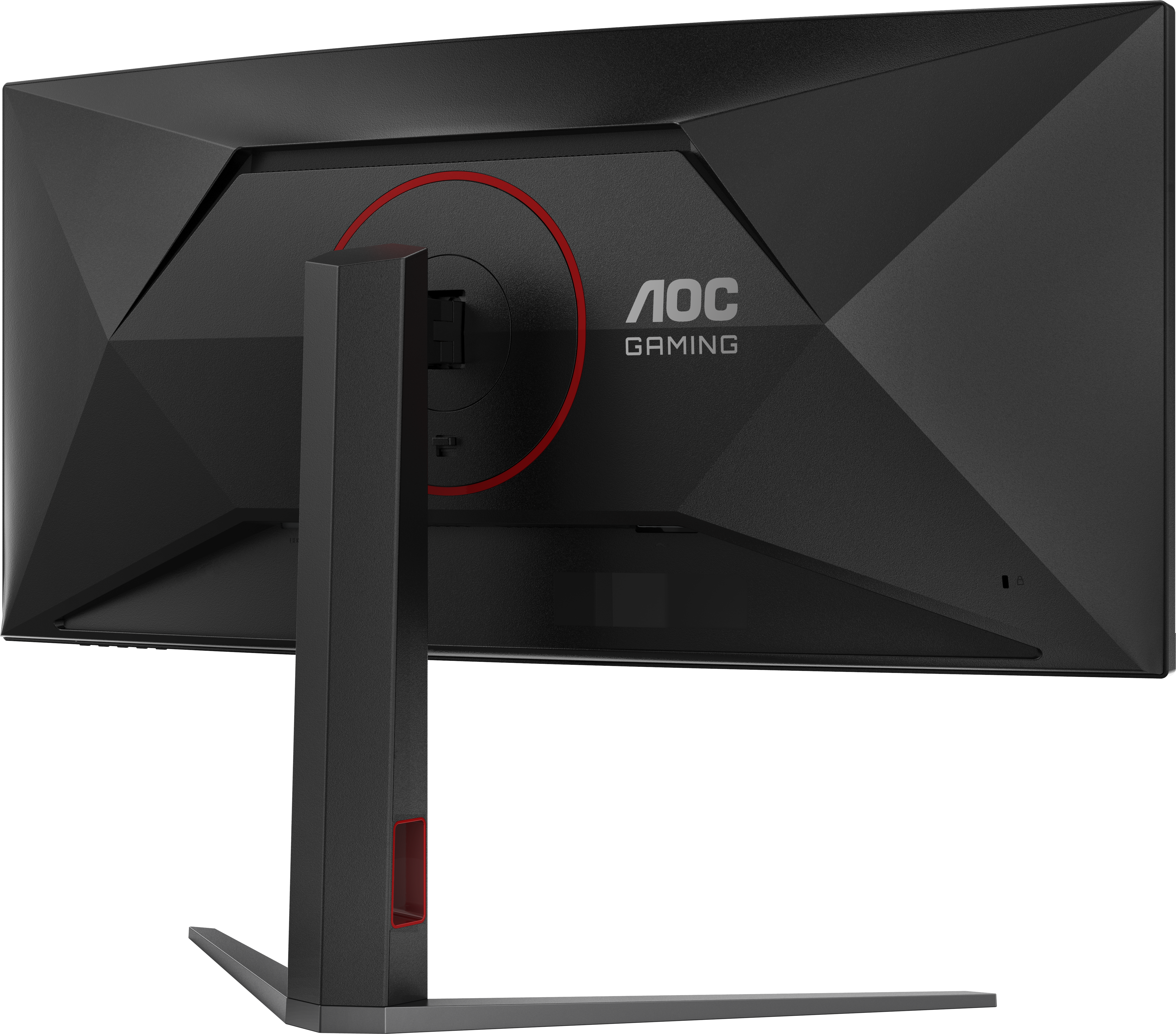 Retro di un monitor da gioco AOC nero. Presenta un cerchio rosso, il logo AOC e un supporto. Il supporto è grigio e nero.