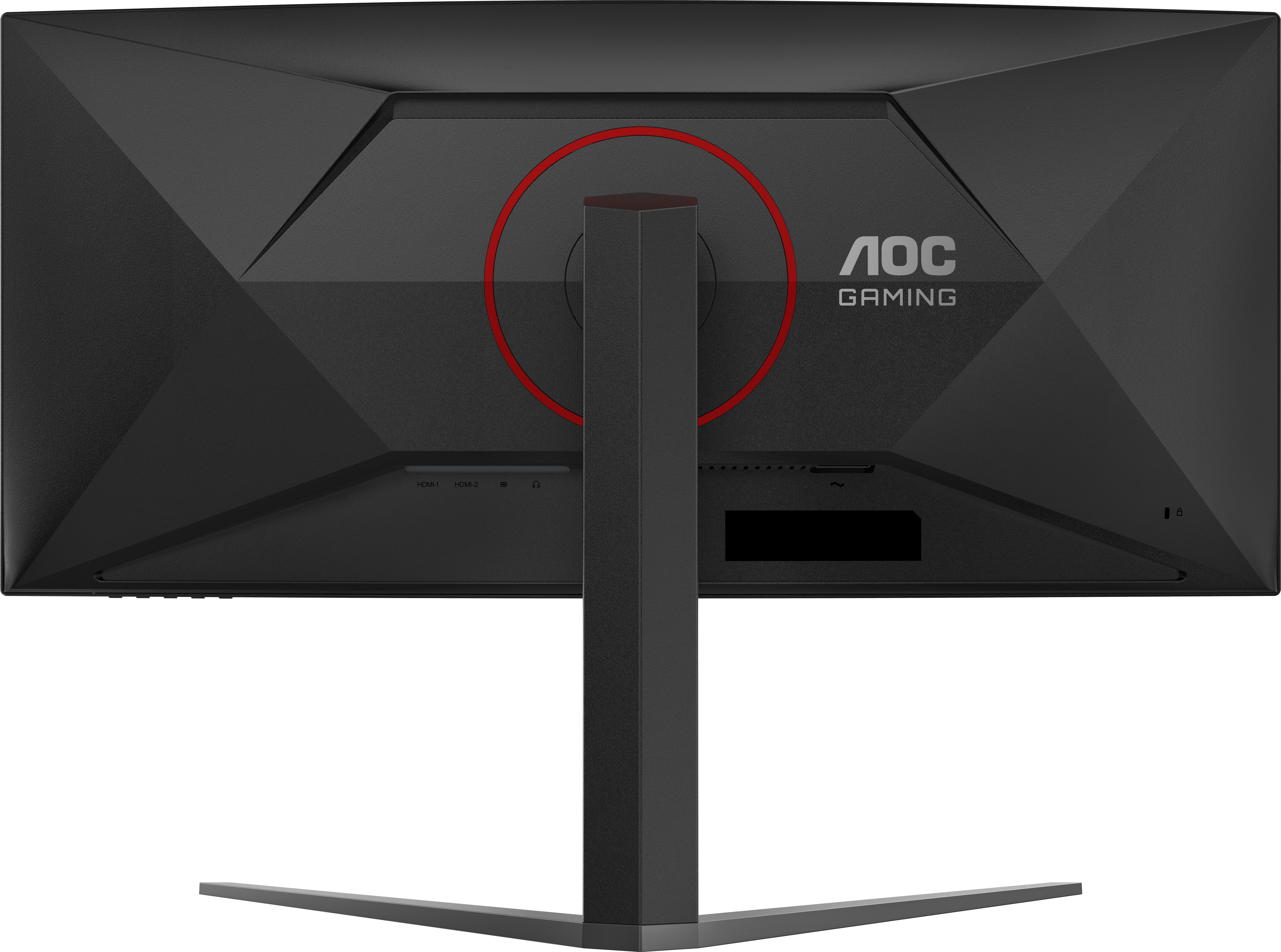 Retro del monitor gaming AOC nero. Anello rosso, supporto nero e logo. Porte in basso. Design angolato, superficie strutturata.