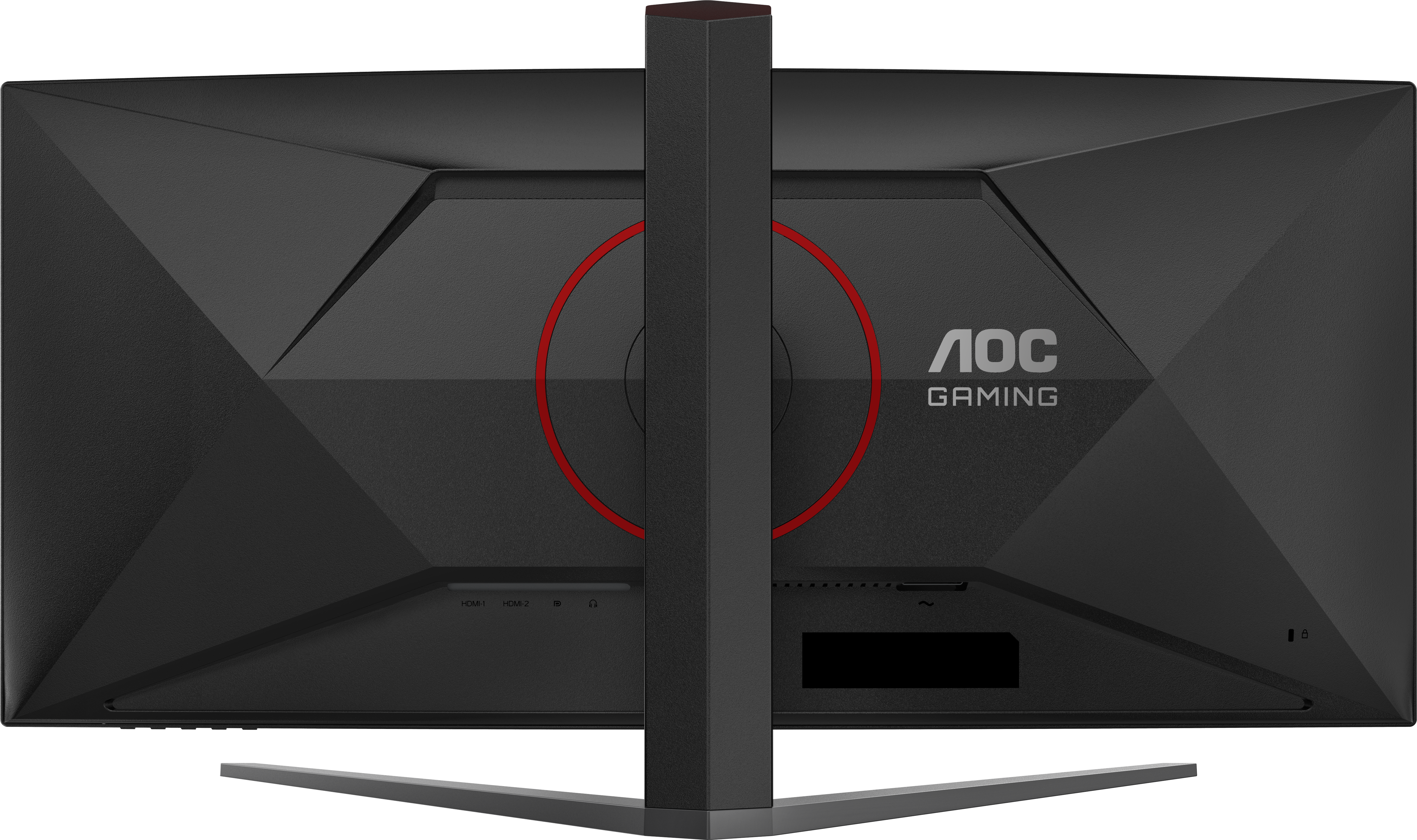 Retro del monitor gaming AOC nero. Un cerchio rosso al centro. Il supporto è una colonna rettangolare nera e base argentata.