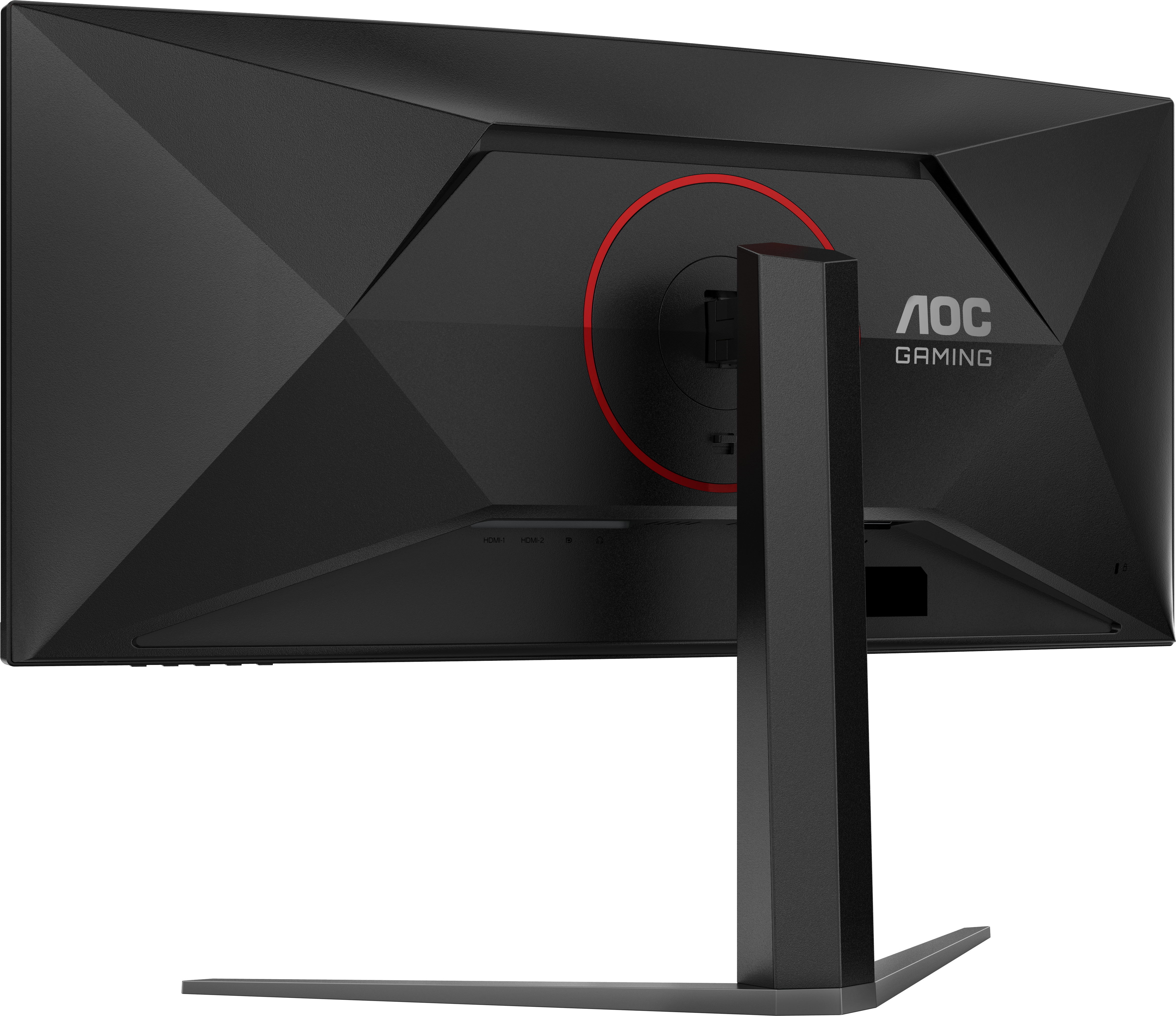 Retro monitor gaming AOC nero. Presenta un cerchio rosso, porte e un supporto. Il logo AOC Gaming è visibile.