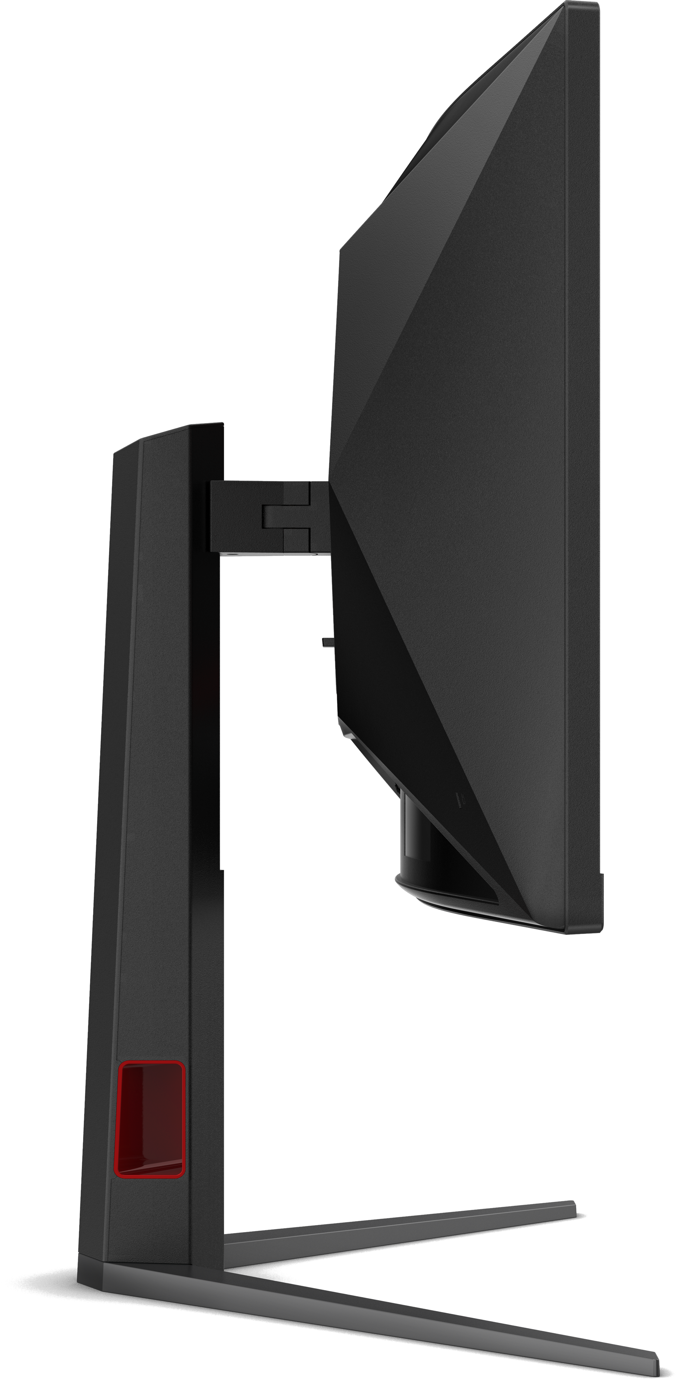 Un monitor di computer nero di lato. Ha un design geometrico e un accento rosso.